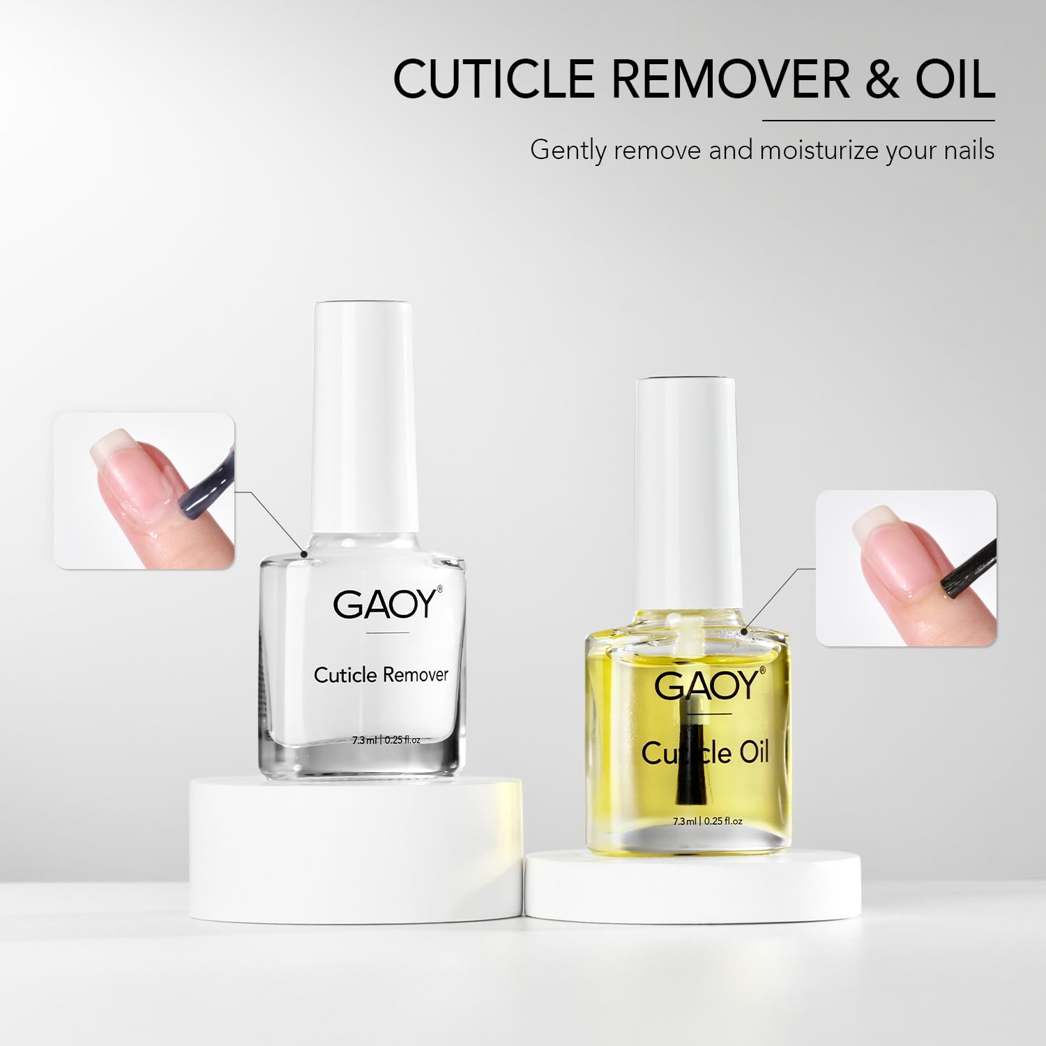 GAOY Cuticle Remover Kit bottle shows gentle remover and nourishing oil for nails