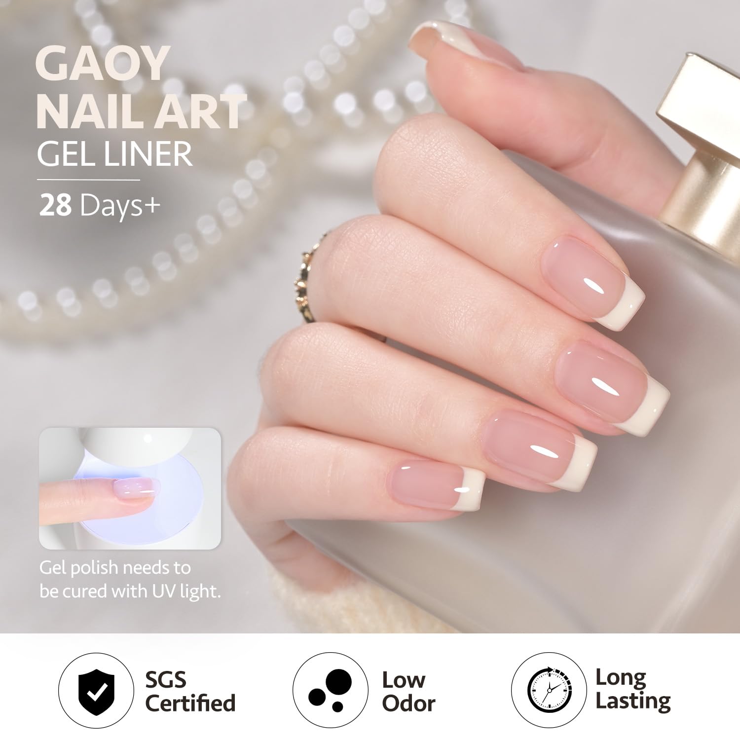 GAOY French manicure design close-up highlights thin brush control