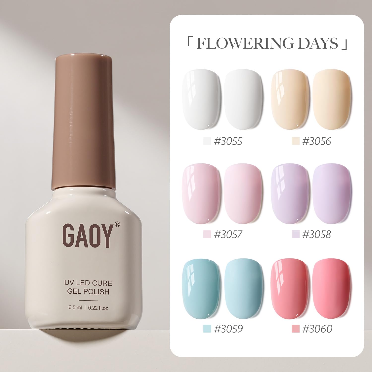 GAOY Gel Nail Polish Set Color Swatch showing six shades for easy shade selection