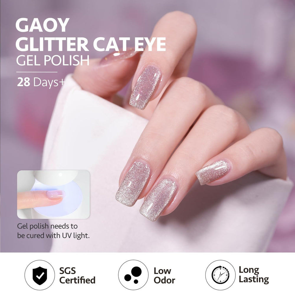 GAOY gel UV reflectivo, acabado translúcido para uñas suaves.