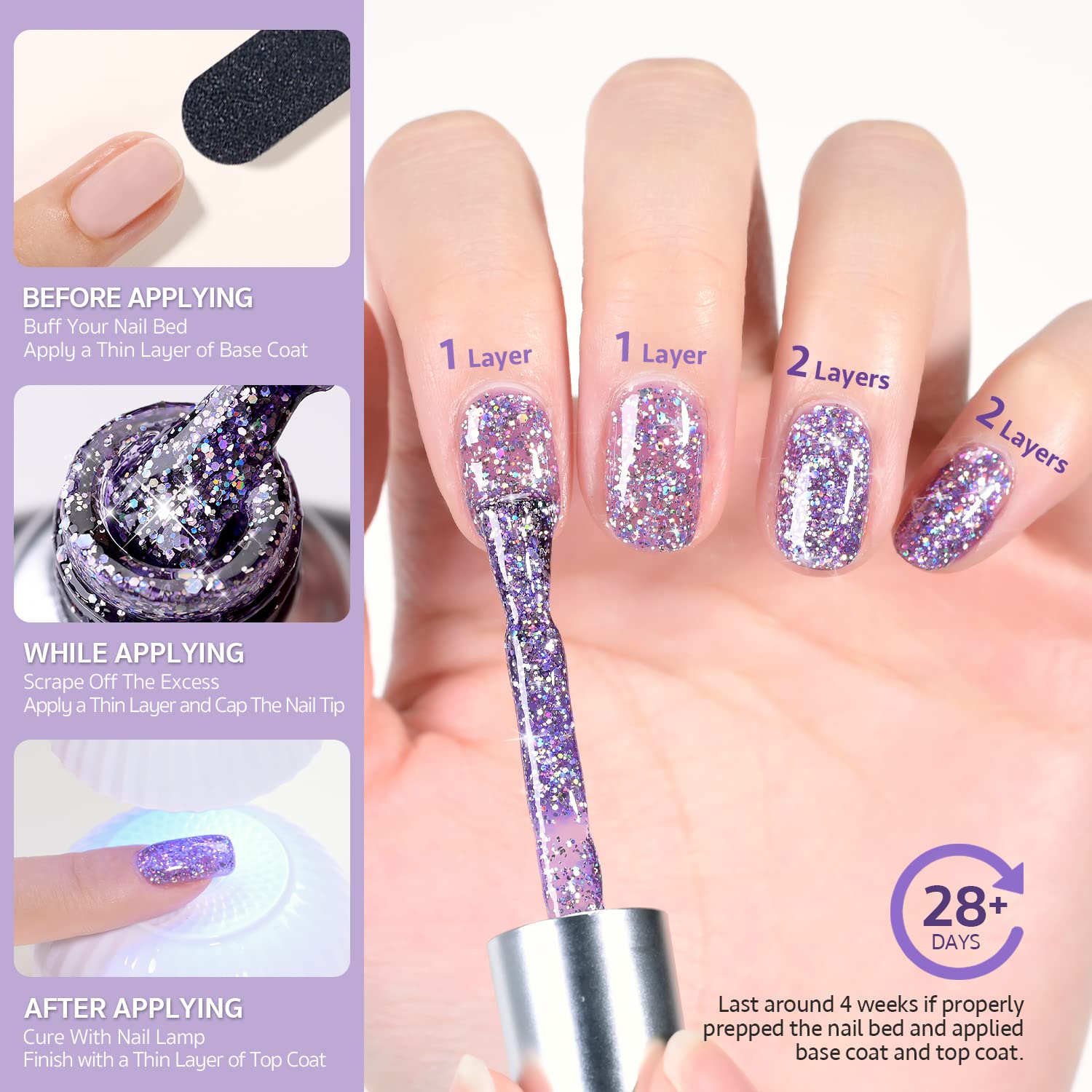 GAOY Glitter Gel Nail Polish image shows 60-second UV lamp cure for quick results.
