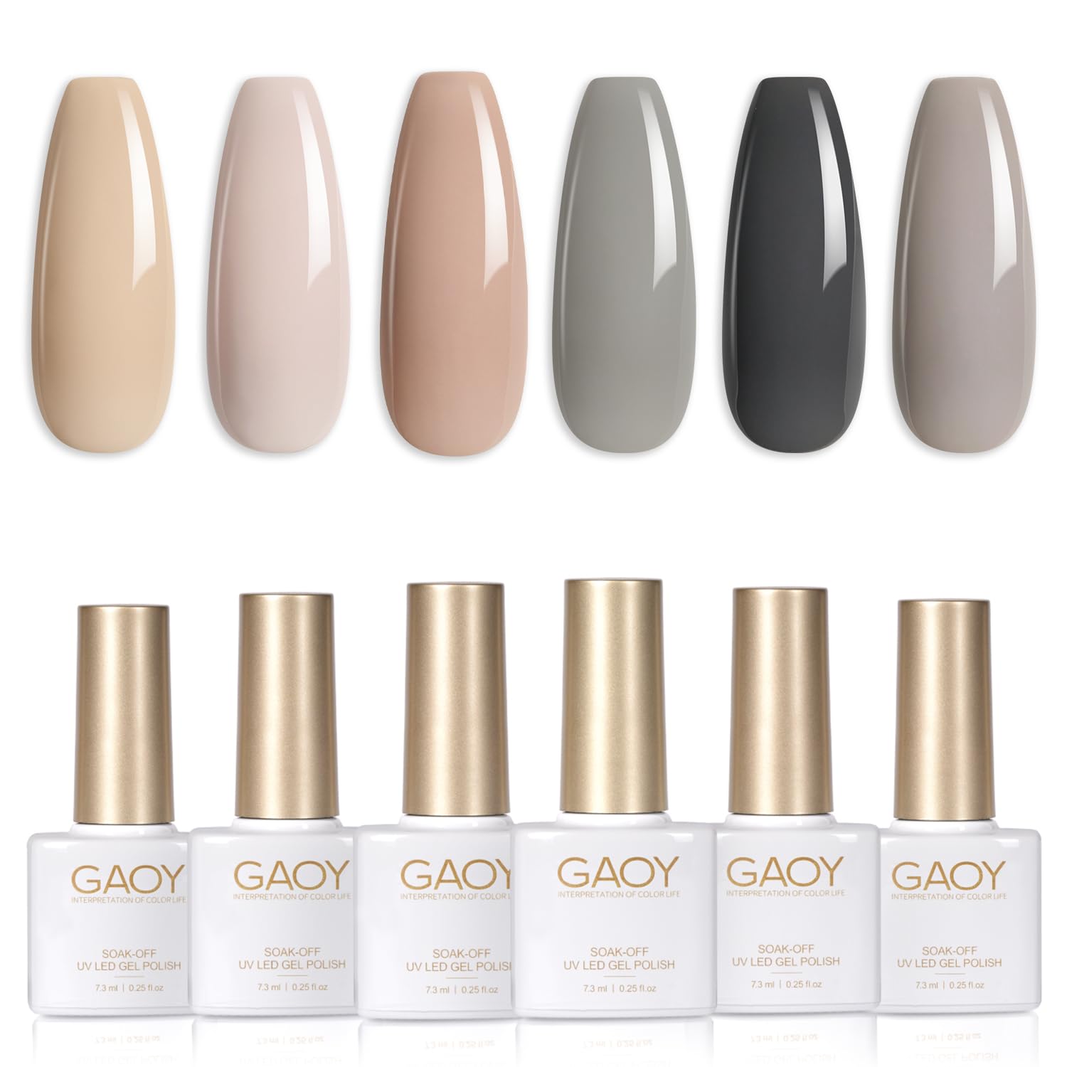GAOY Gray Gel Nail Polish Set color swatches for versatile nude-brown looks.