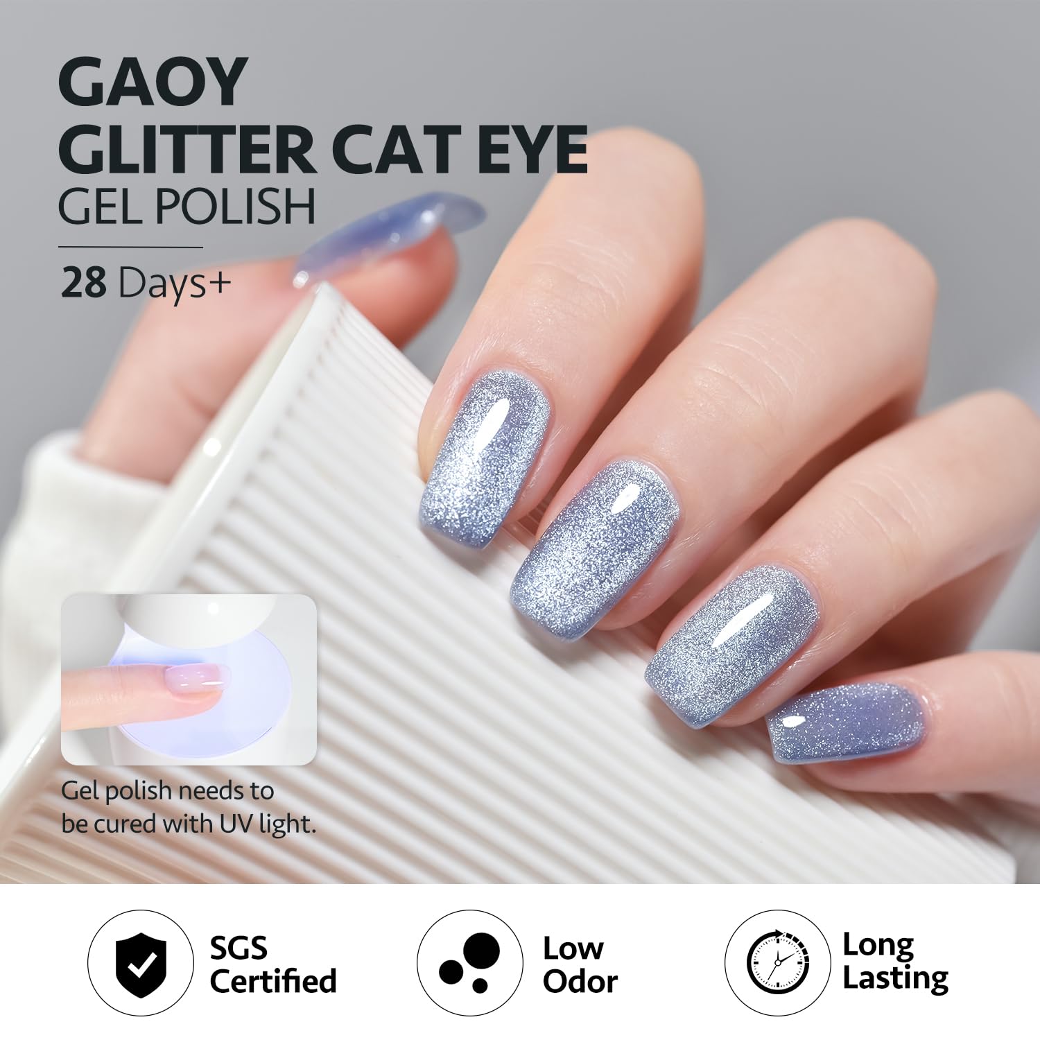 GAOY holographic cat eye gel polish color 04 delivers vivid sparkle under UV LED cure