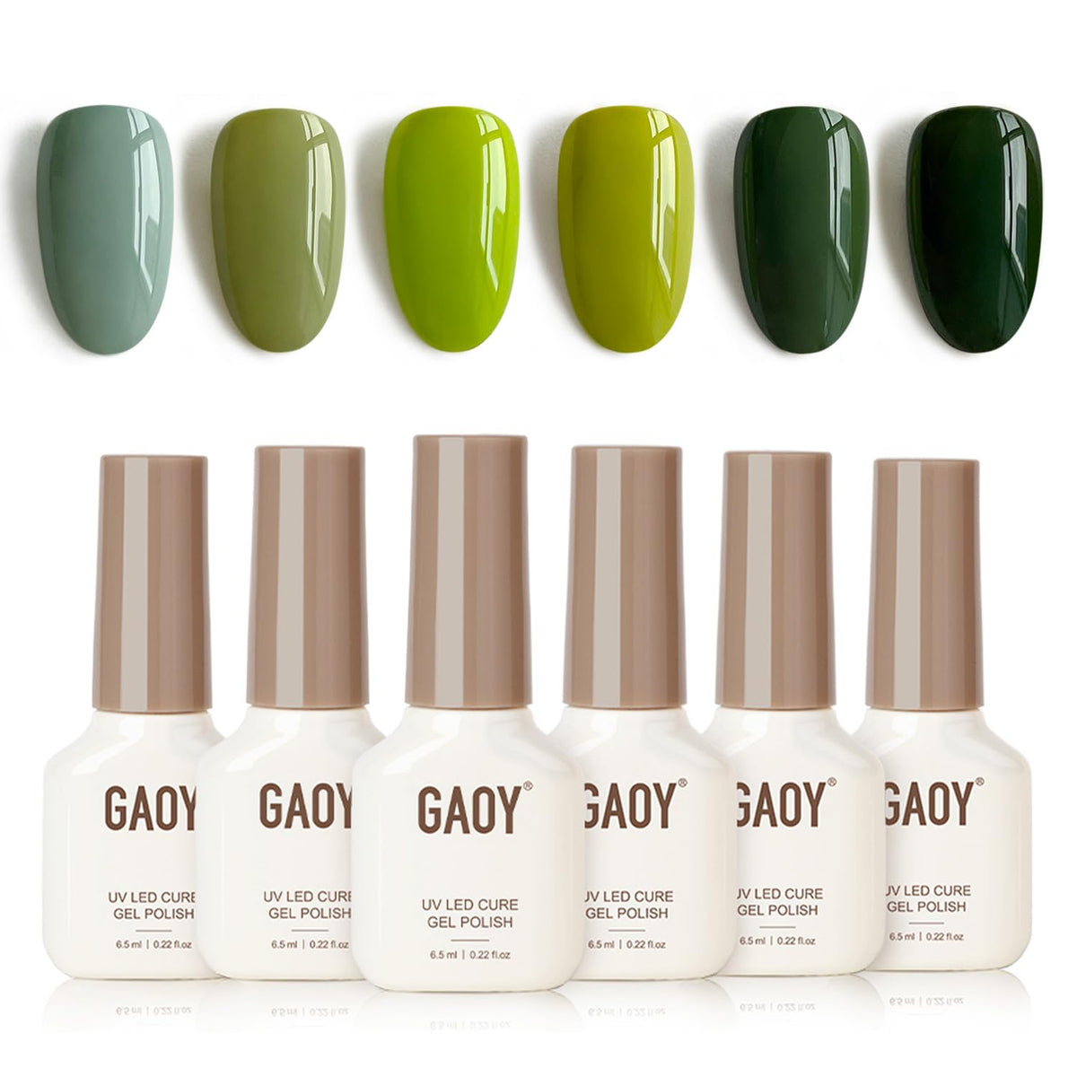GAOY Jade Green Gel Nail Polish Set packaging shows six shade options for versatile manicures.