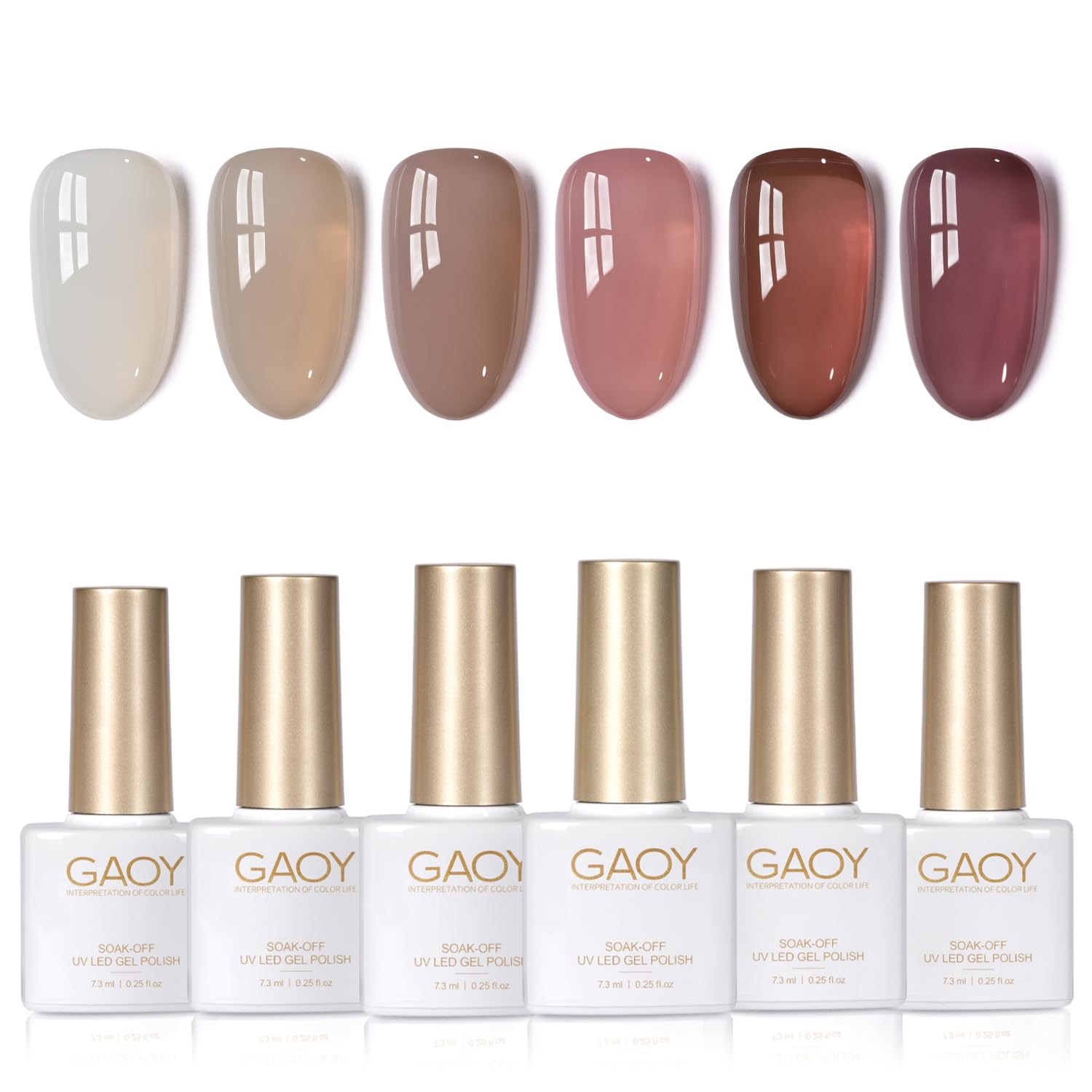 GAOY Jelly nail polish set swatches show six translucent colors for buildable looks.