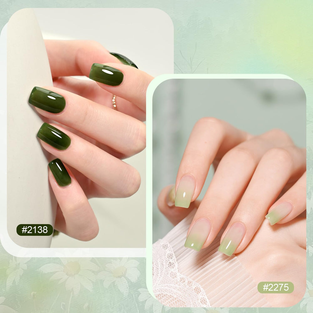 GAOY Jelly Green color swatches demonstrate buildable sheer to opaque layers for custom nail art.
