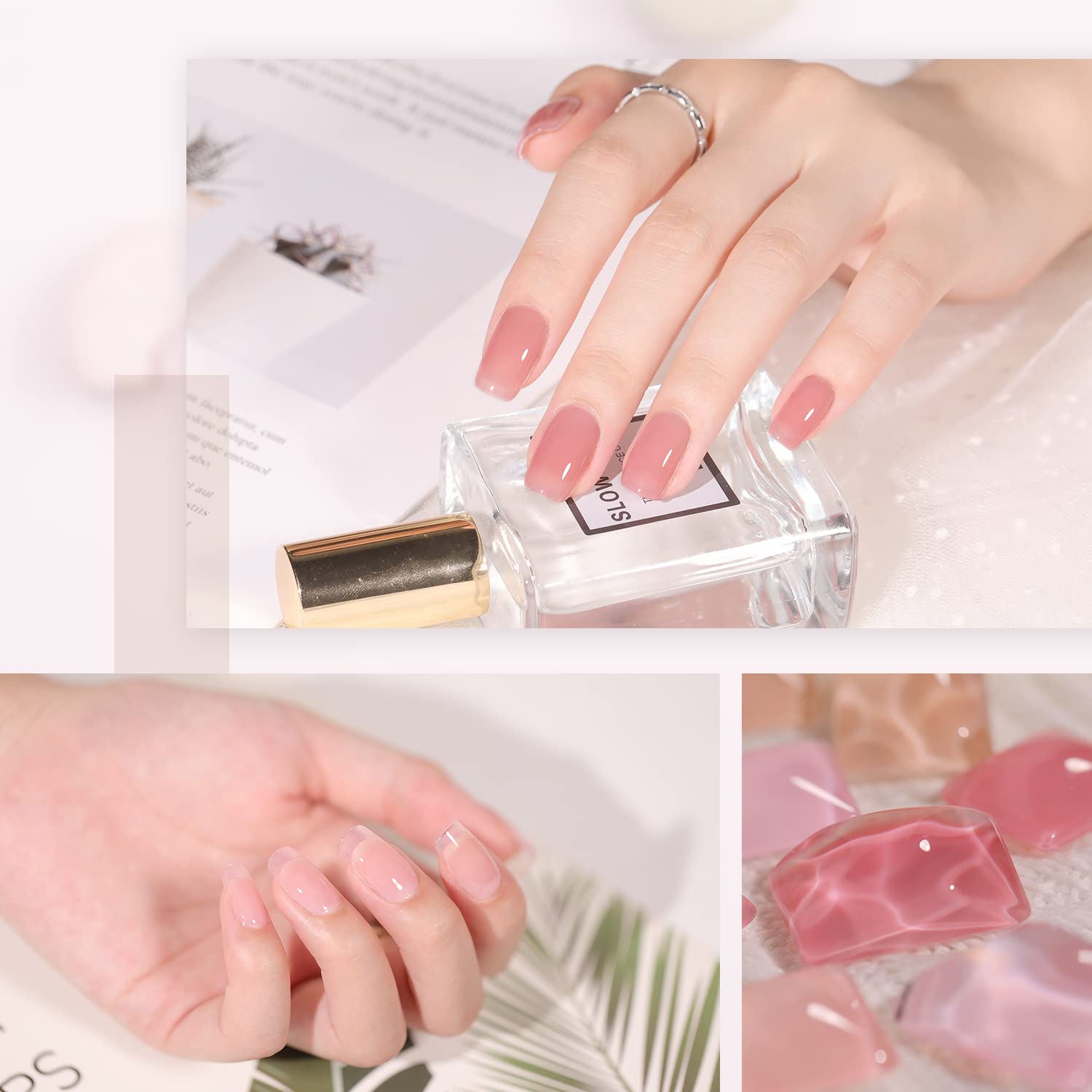 GAOY Jelly Nude Pink layer-building swatches demonstrate sheer to opaque color versatility