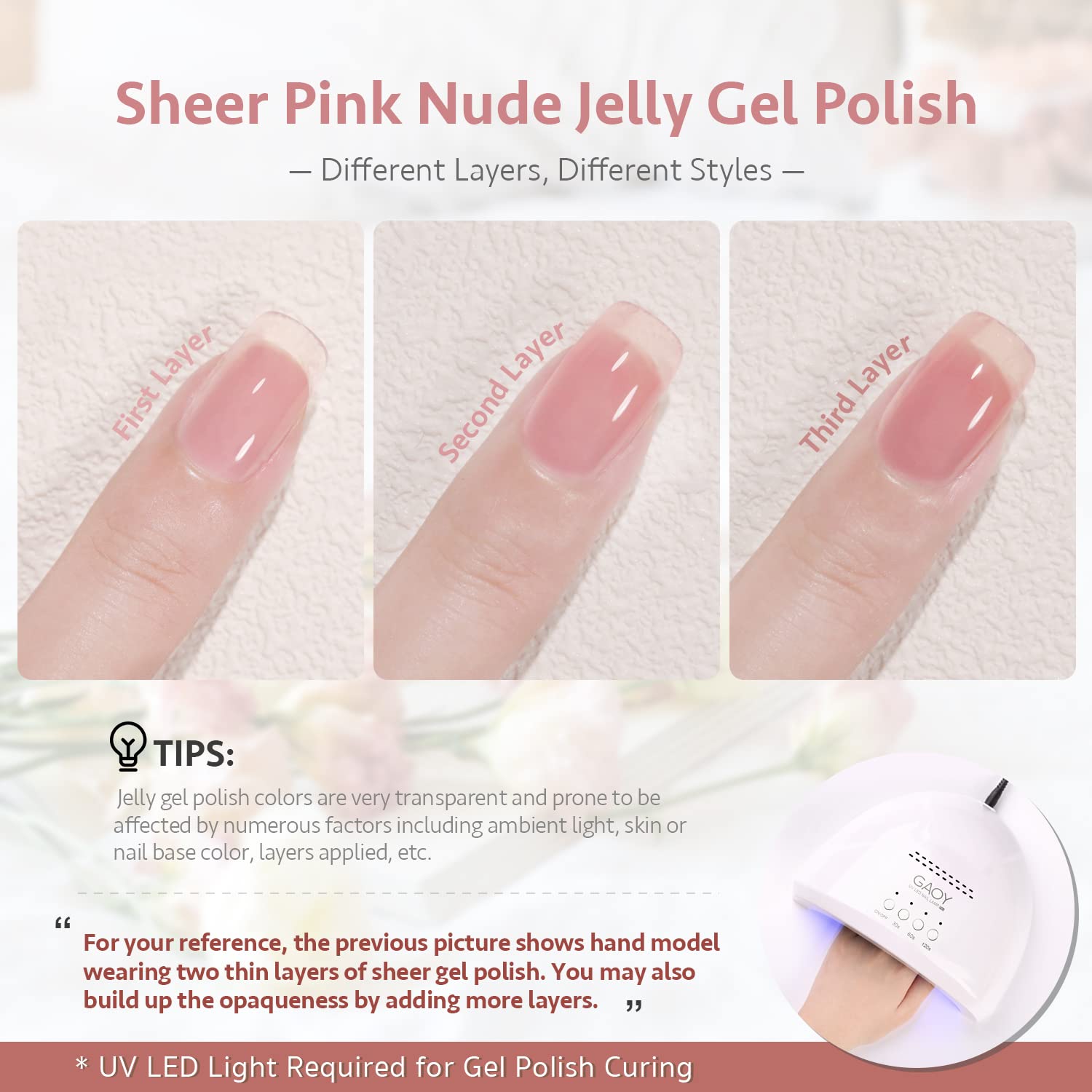 GAOY Jelly Nude Pink gel under UV light cures in 60 seconds for quick at-home manicures