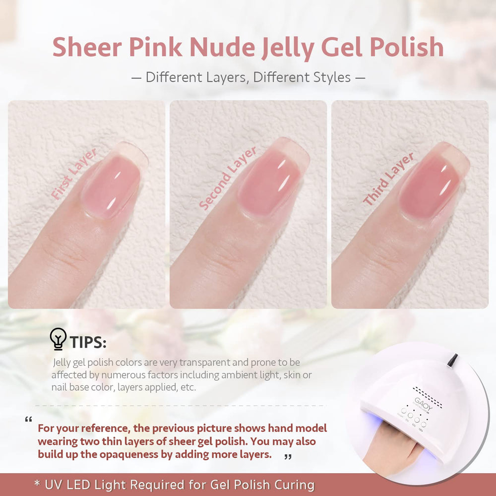 GAOY Jelly Nude Pink gel under UV light cures in 60 seconds for quick at-home manicures