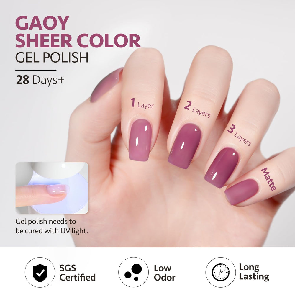 GAOY Jelly Purple bottle promises long wear up to four weeks on prepared nails.