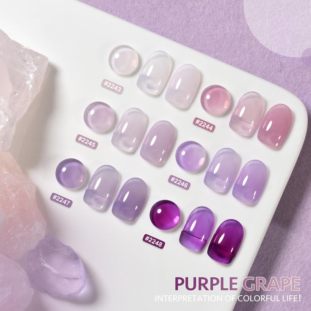 GAOY Jelly Purple gel nail polish set bottles closeup showing six colors for at-home nail art.