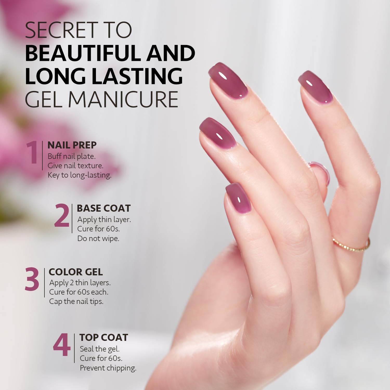 GAOY Jelly Purple with UV LED curing 60s highlights quick, salon-like dry time.