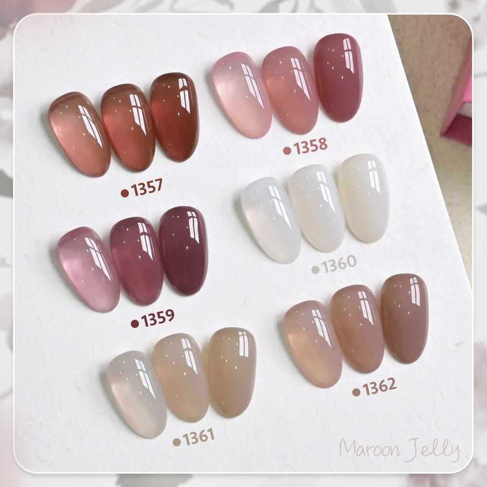 GAOY Jelly six-color bottles in close-up for seamless nail art application.