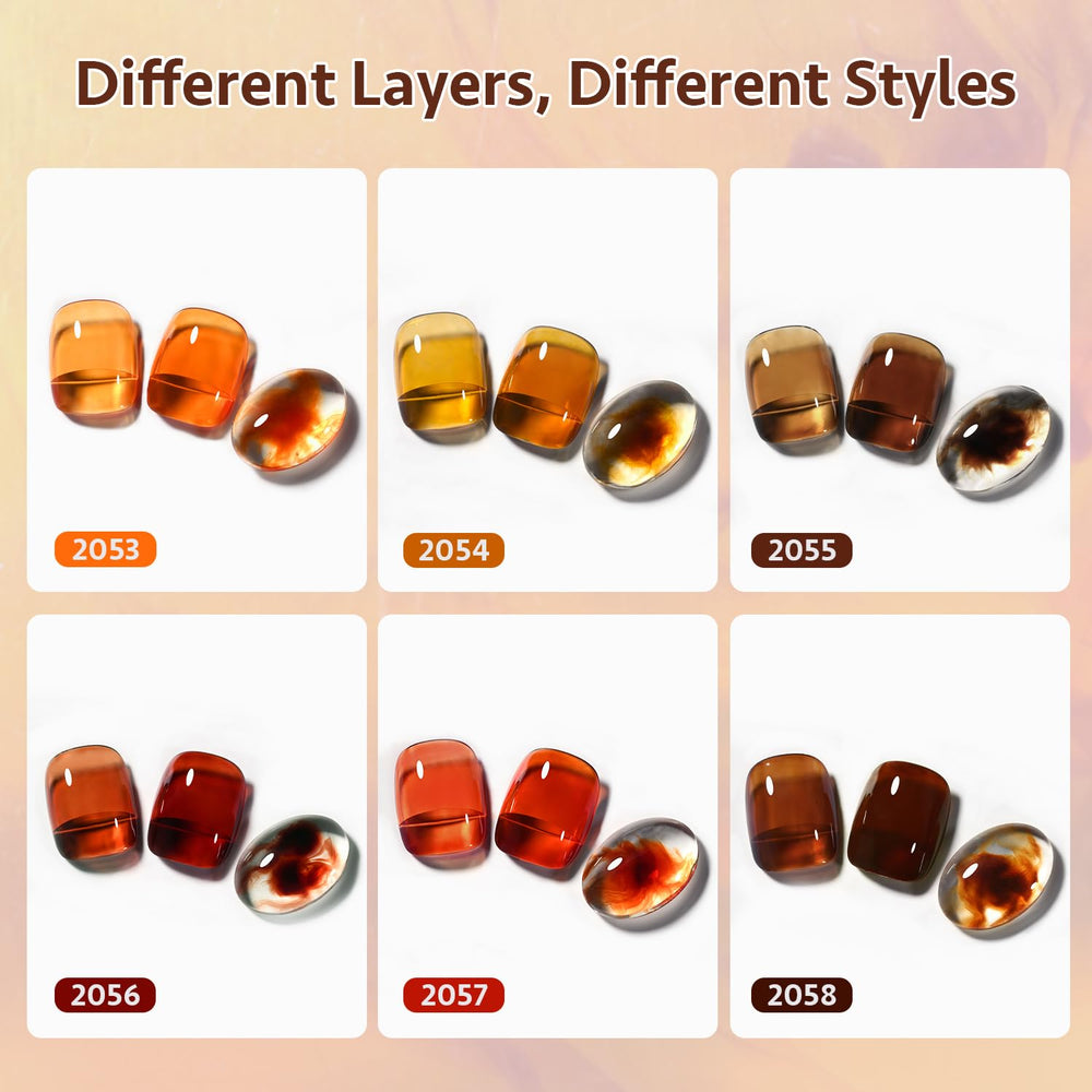 GAOY Jelly Tortoise Brown gel polish color swatches reveal sheer to opaque options for layered looks