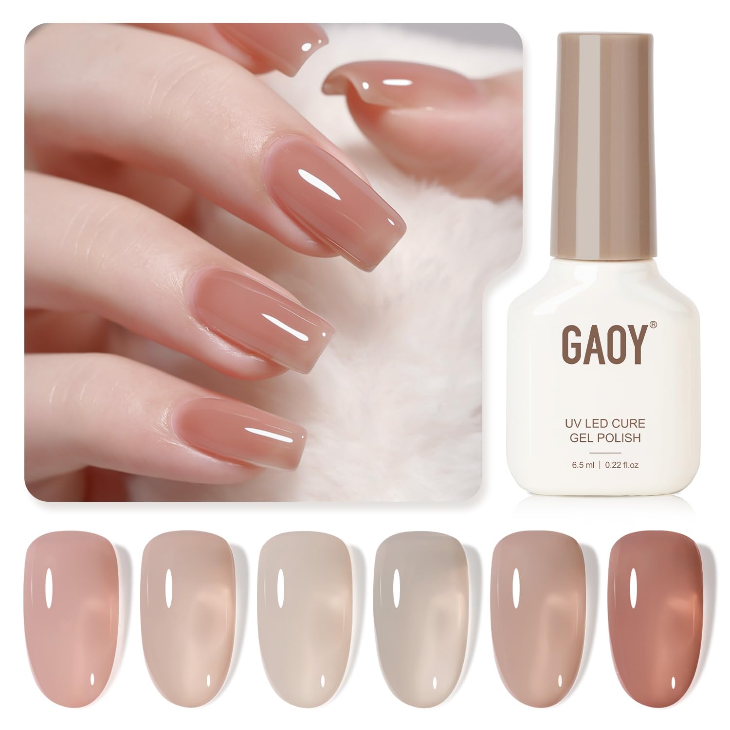GAOY Jelly UV Gel Rose Quartz swatches show sheer to opaque options for easy at-home nails.
