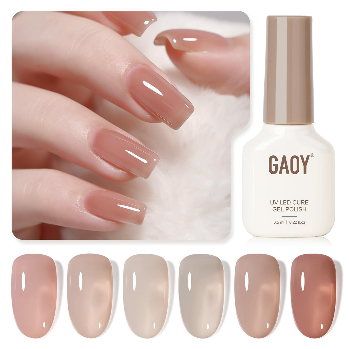 GAOY Jelly UV Gel Rose Quartz swatches show sheer to opaque options for easy at-home nails.