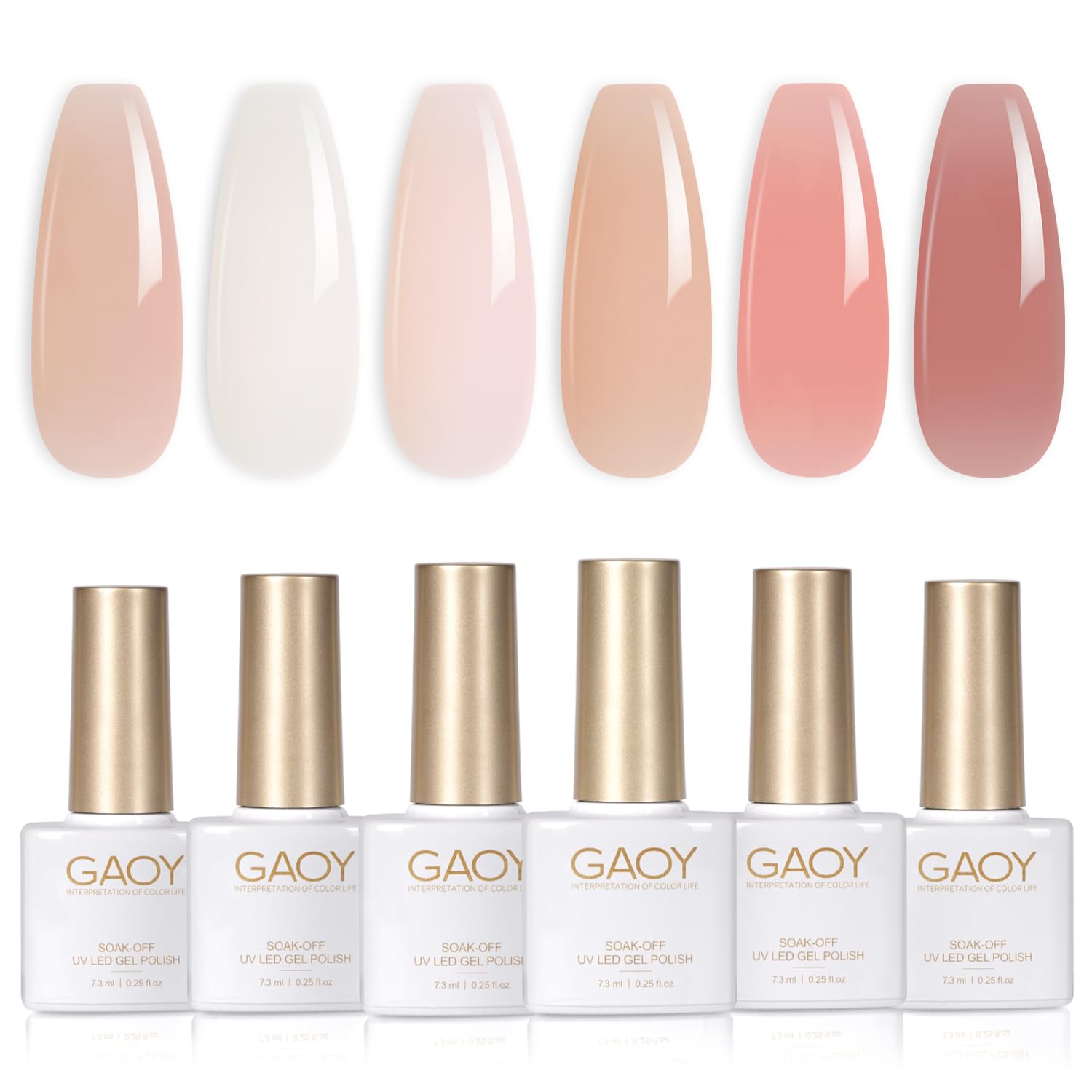 GAOY Milky Jelly Nude set bottle pour showing six sheer shades for DIY nails