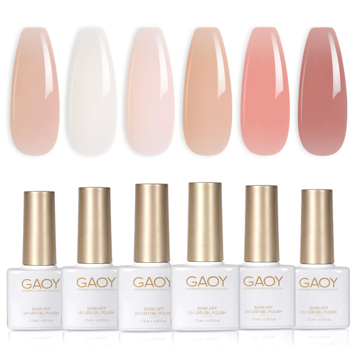 GAOY Milky Jelly Nude set bottle pour showing six sheer shades for DIY nails