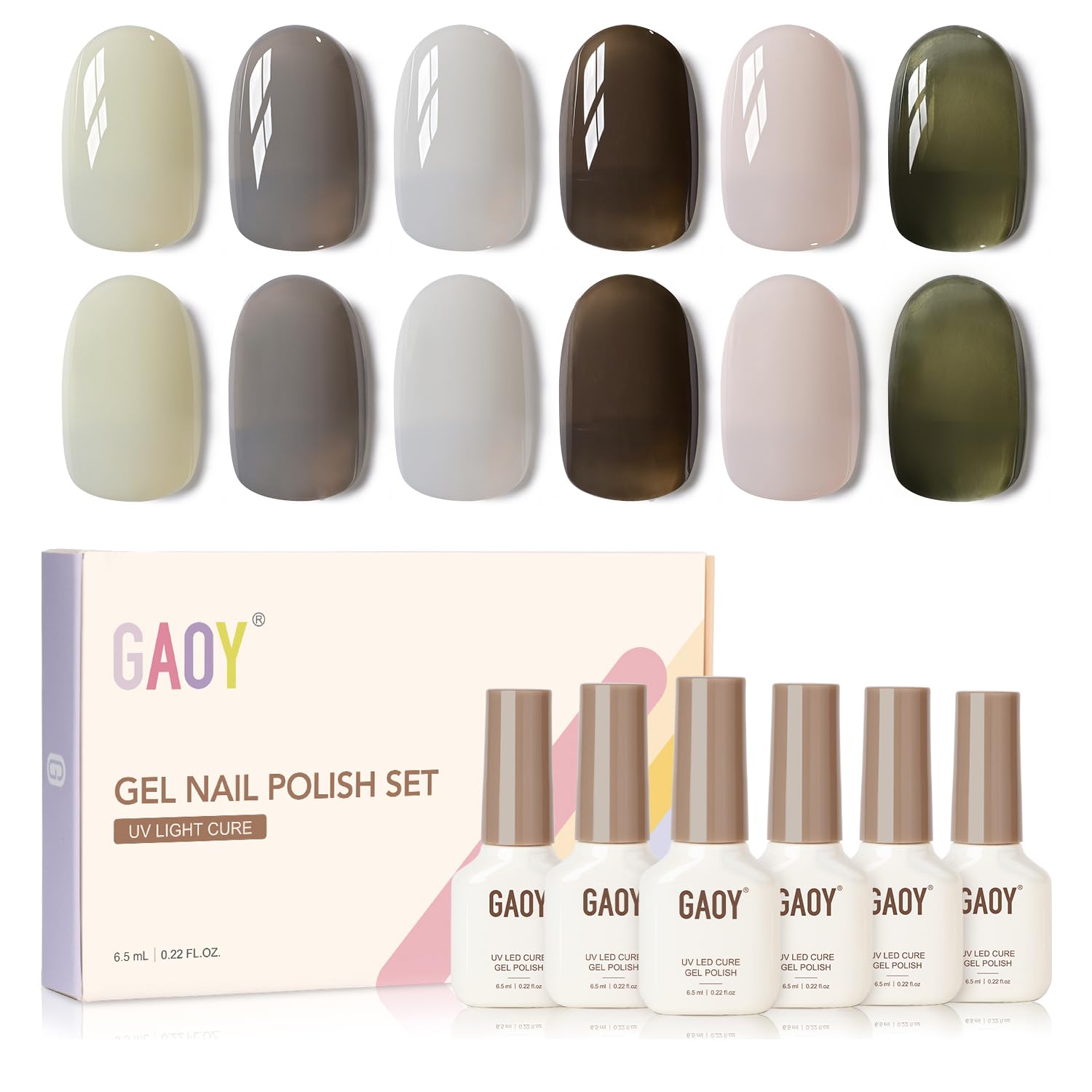 GAOY Milky Nail Polish palette of six creamy tones for versatile home manicures.