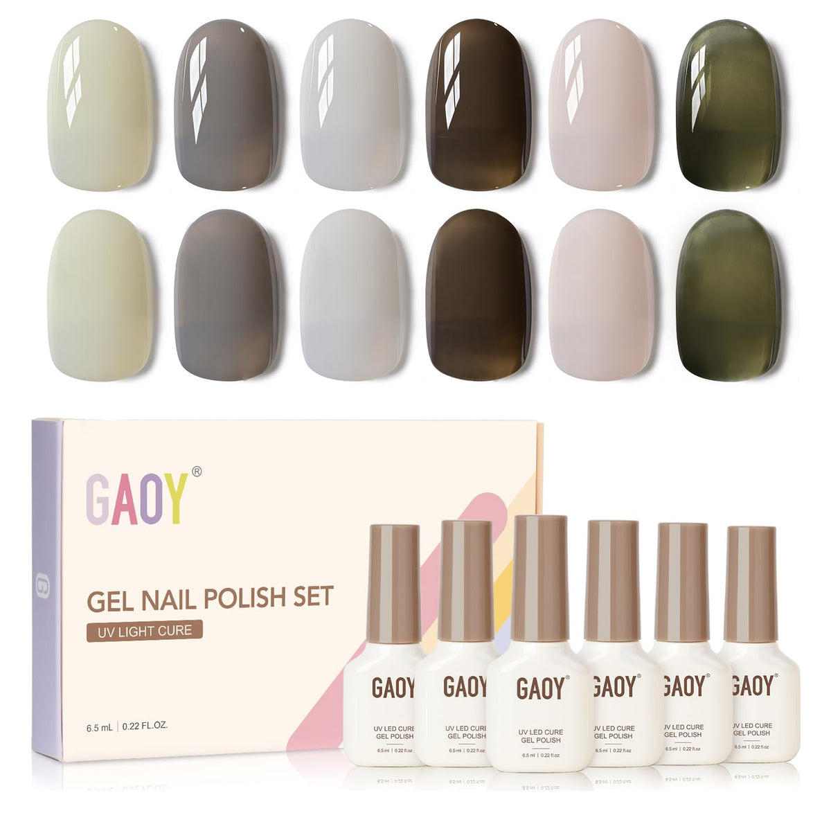GAOY Milky Nail Polish palette of six creamy tones for versatile home manicures.