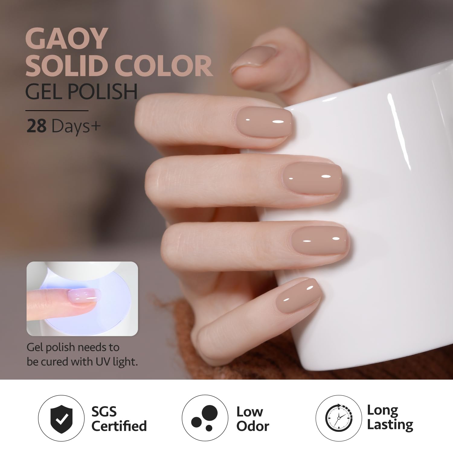 GAOY nude-brown fall gel-polish-bottle-5 cures quickly with UV light.