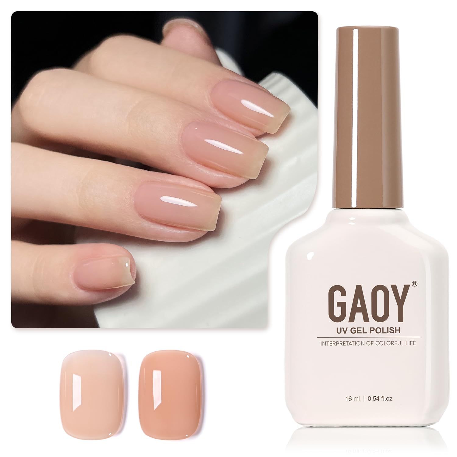 GAOY Nude Jelly Gel Nail Polish bottle with color swatch shows buildable sheer to opaque shade.
