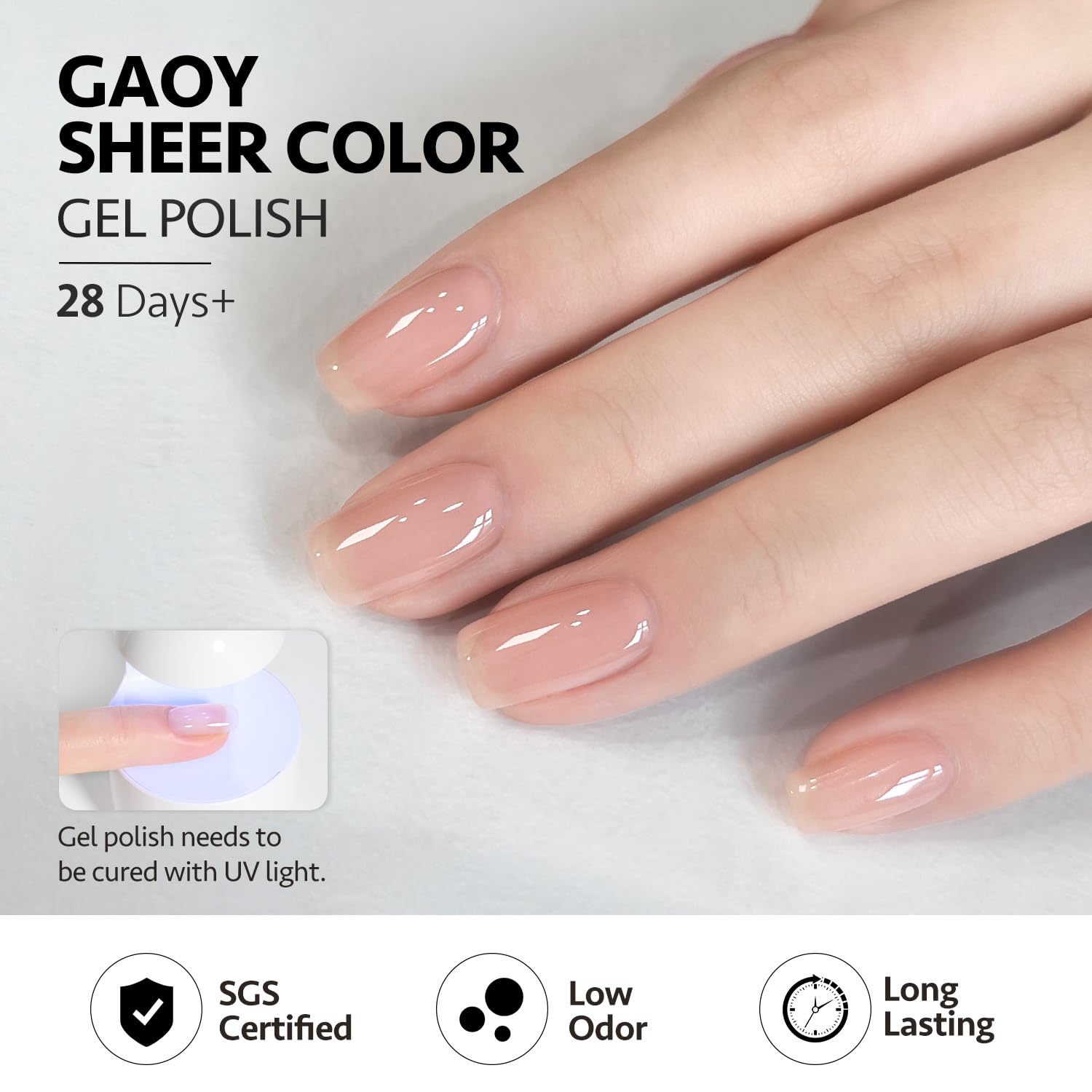 GAOY Nude Jelly Gel Nail Polish bottle beside UV lamp shows quick 60-second cure.