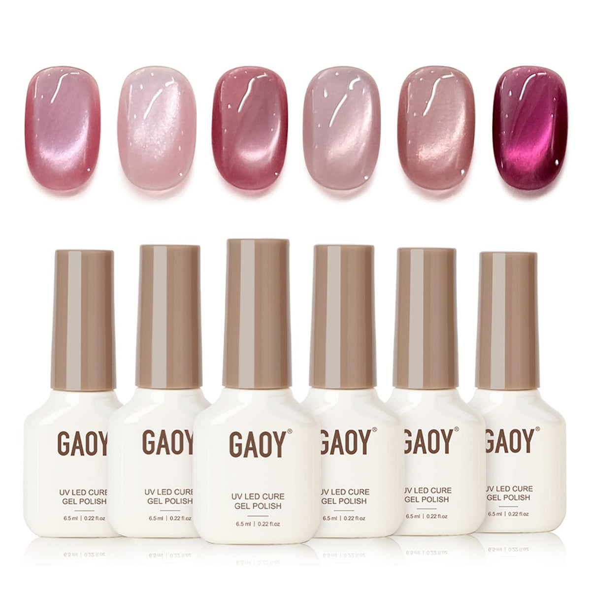 GAOY Pink Cat Eye Gel Nail Polish Set packaging shows six colors for versatile at-home manicures.