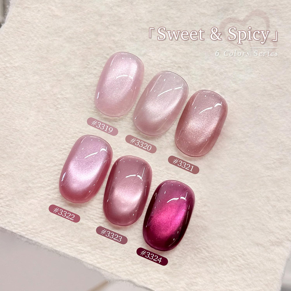 GAOY Pink Cat Eye polish color swatches reveal six shimmering shades for date-night looks.
