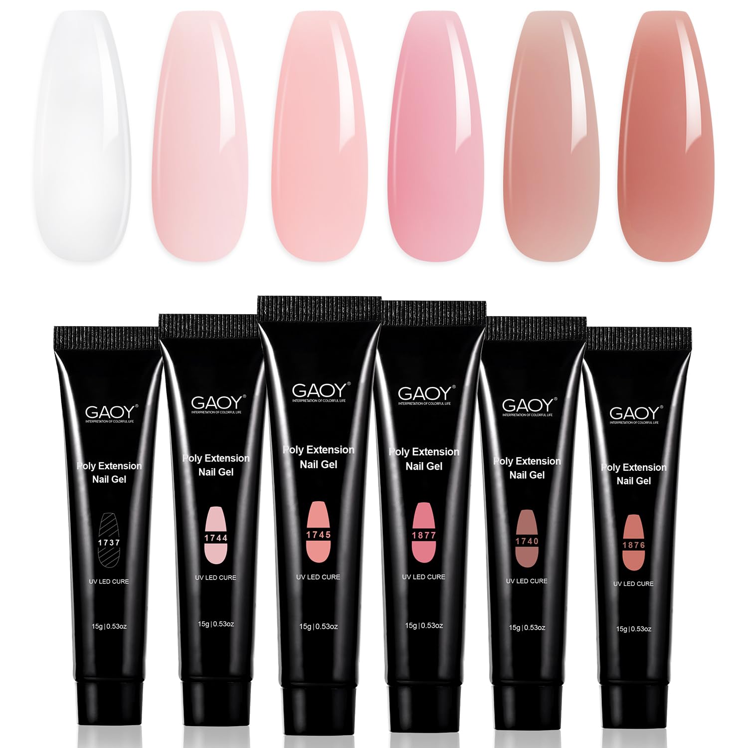GAOY Poly Gel Set swatches display six colors for easy selection and design inspiration.