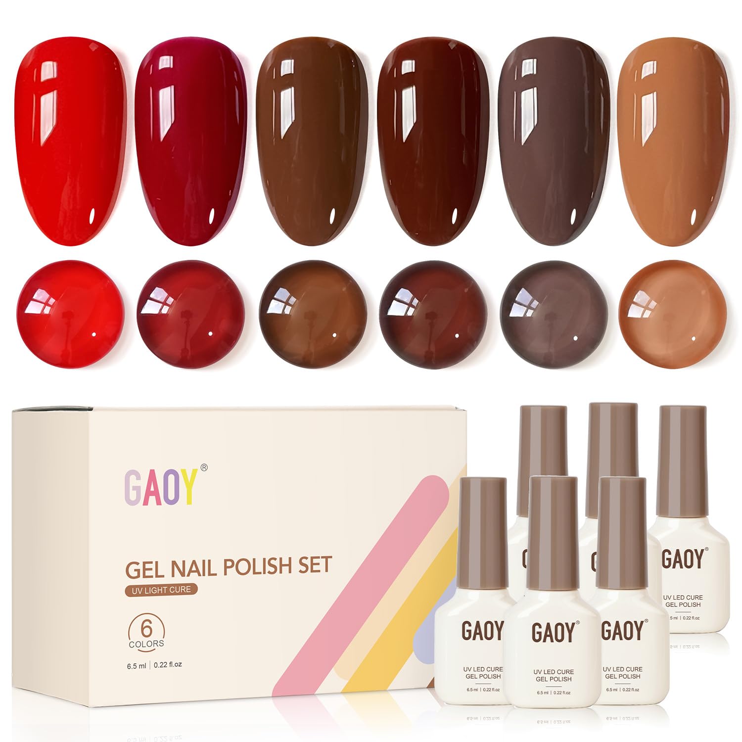 GAOY red brown gel nail polish set packaging showing six shades for at-home nail art