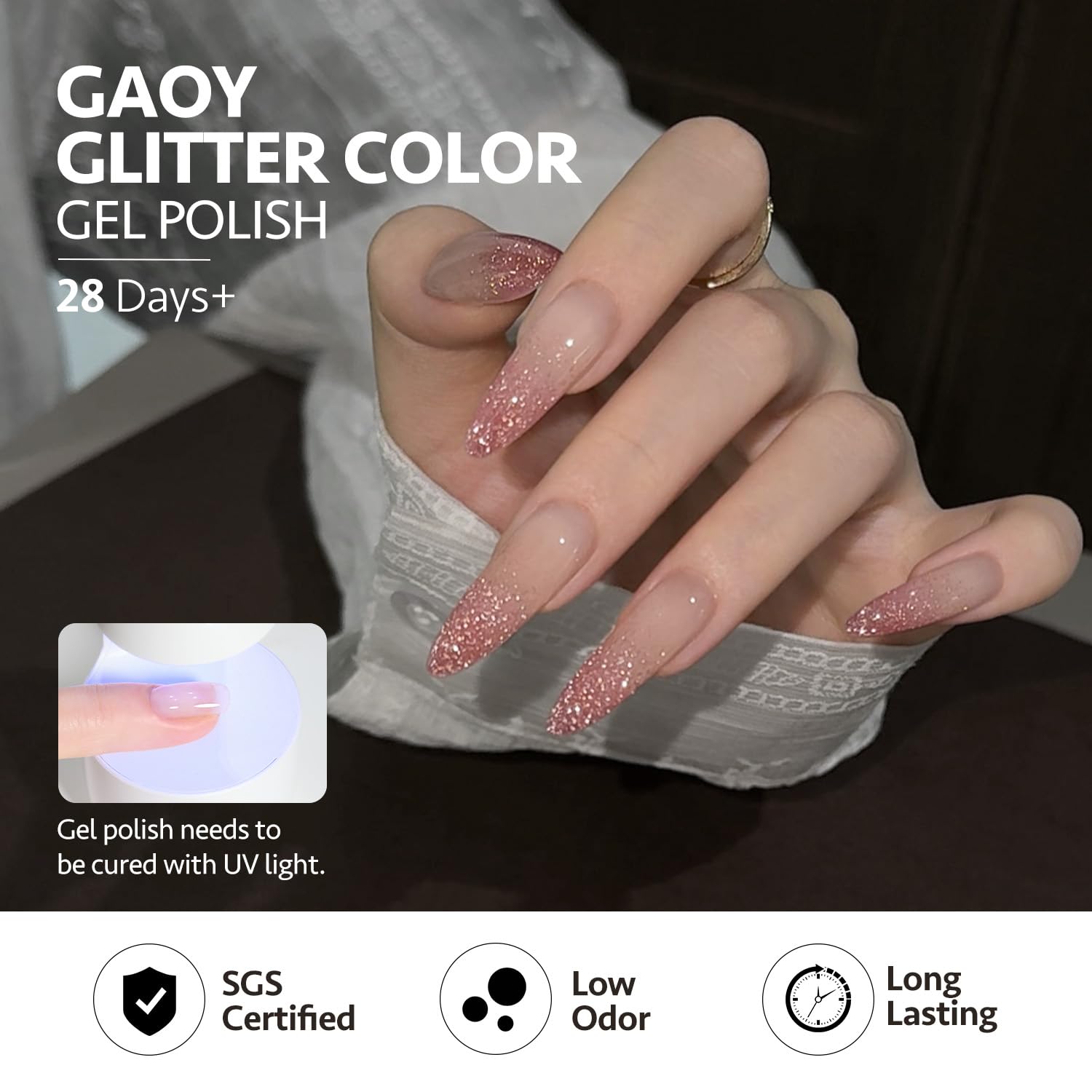 GAOY Reflective Glitter Gel Nail Polish Set cures in 60 seconds under lamp.