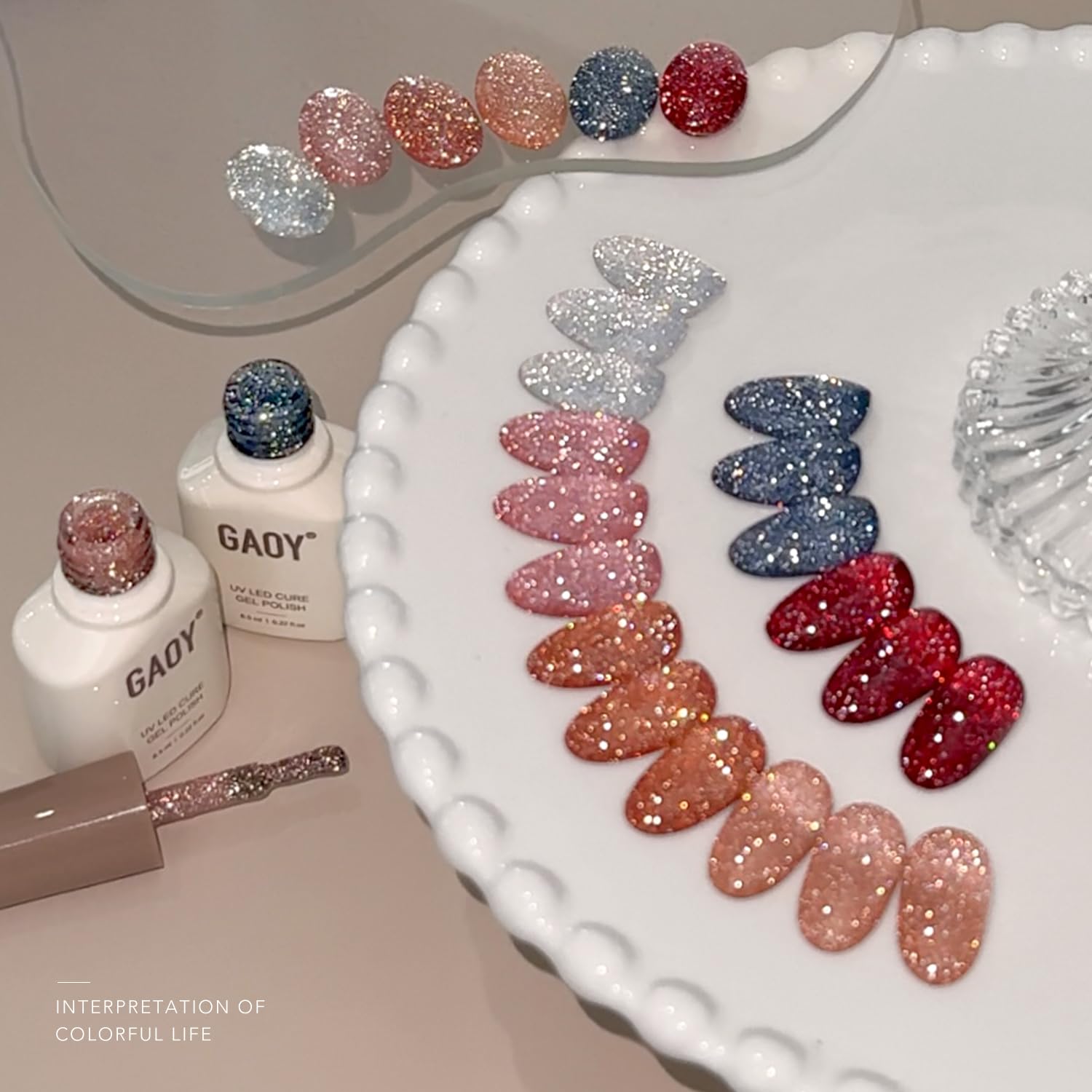 GAOY Reflective Glitter Gel Nail Polish Set silver holographic shine.