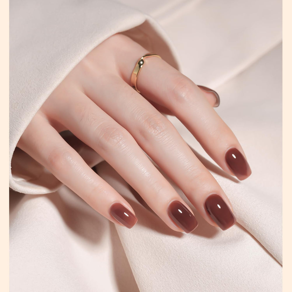 GAOY Rose Brown jelly nail polish application shot showing two coats layered.