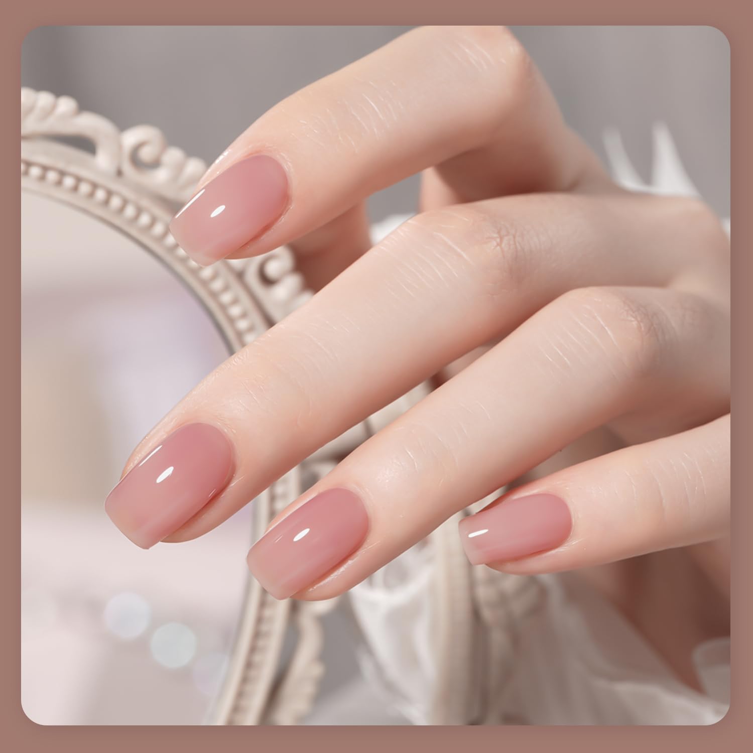 GAOY Rose Brown jelly nail polish bottles up close to compare creamy textures.