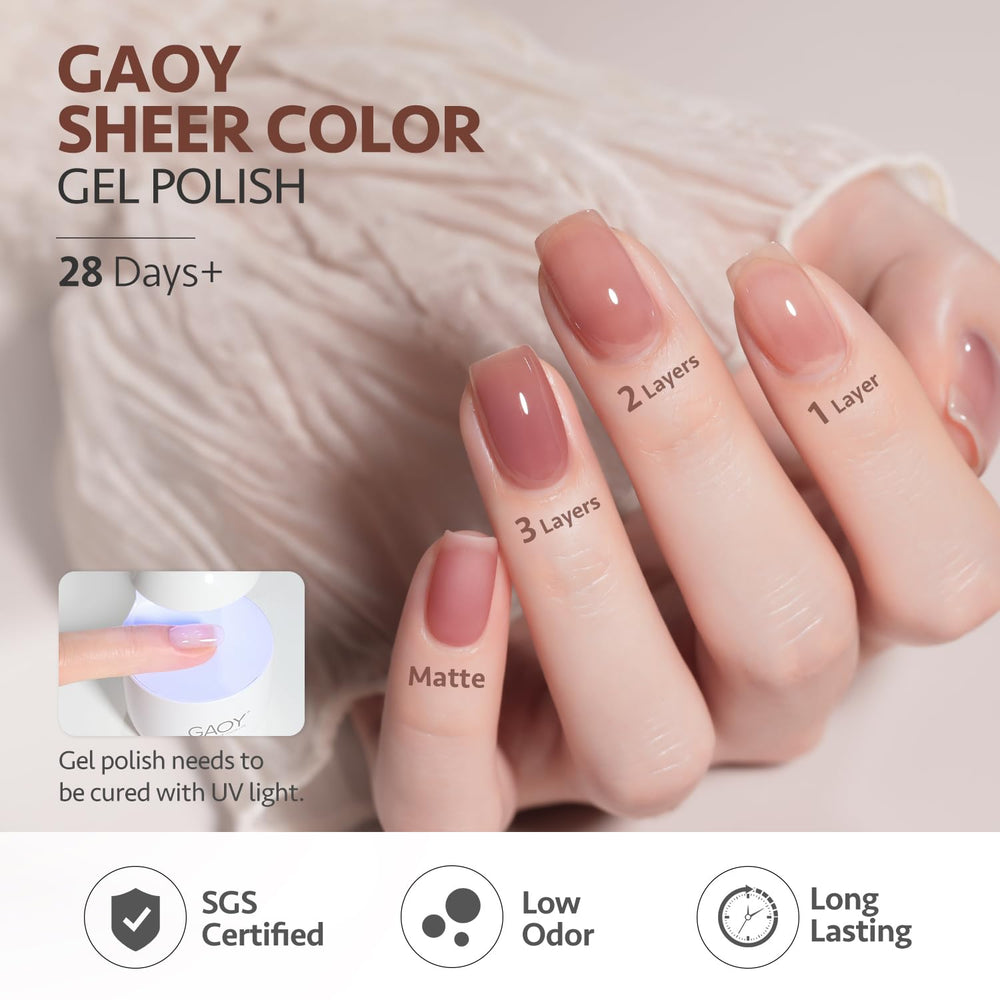GAOY Rose Brown jelly nail polish curing under UV lamp for quick dry.