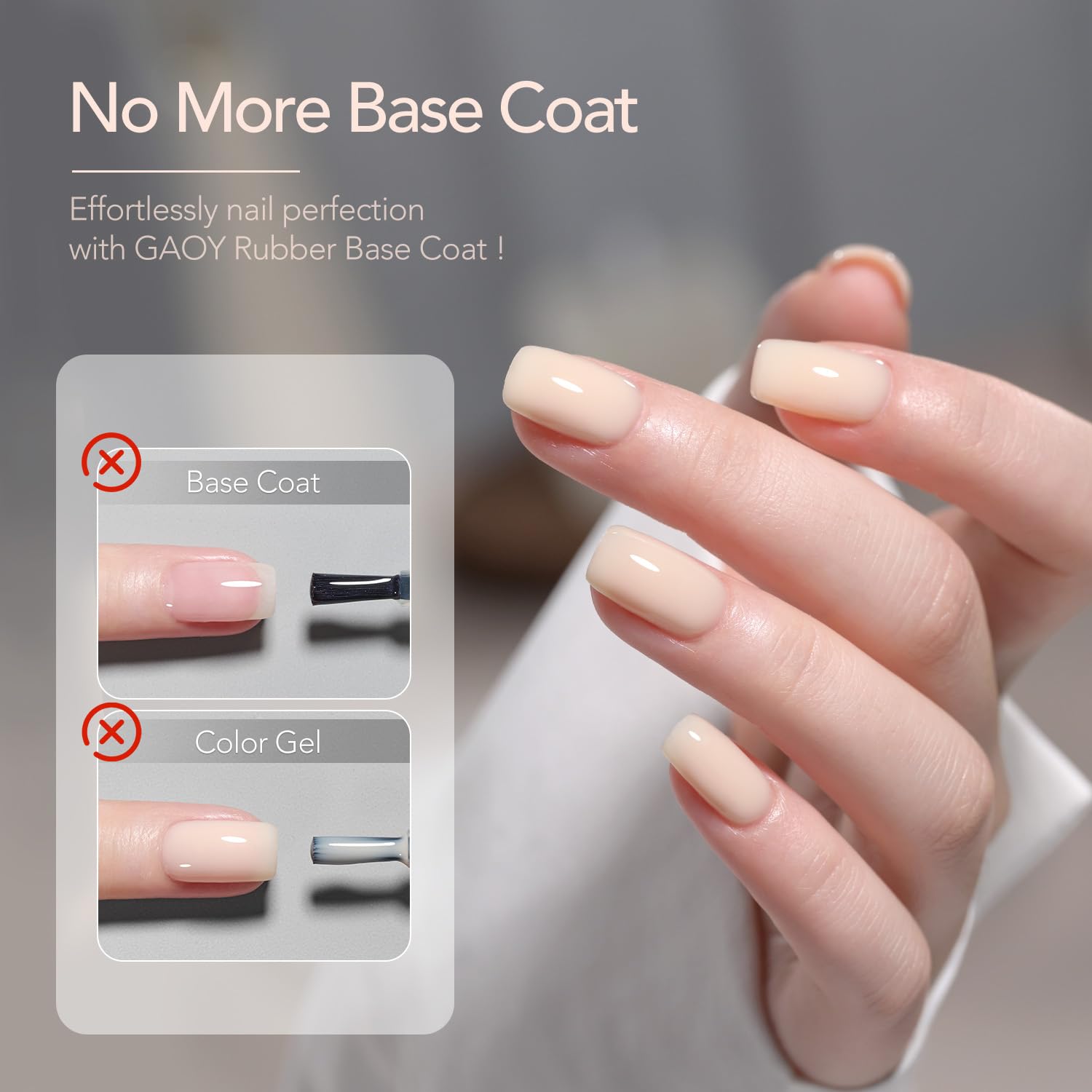 GAOY rubber base gel color swatches display sheer nude to pink tones for natural manicures.