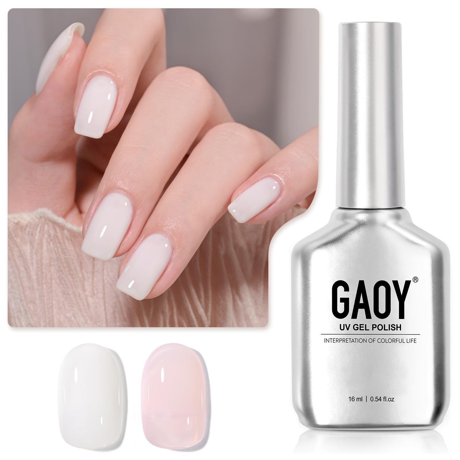 GAOY gel polish bottle close-up showing buildable milky pink color for at-home manicure