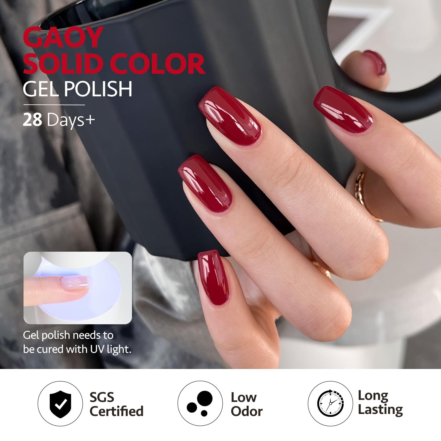 GAOY UV curing 60 seconds shot confirming quick dry for home manicures