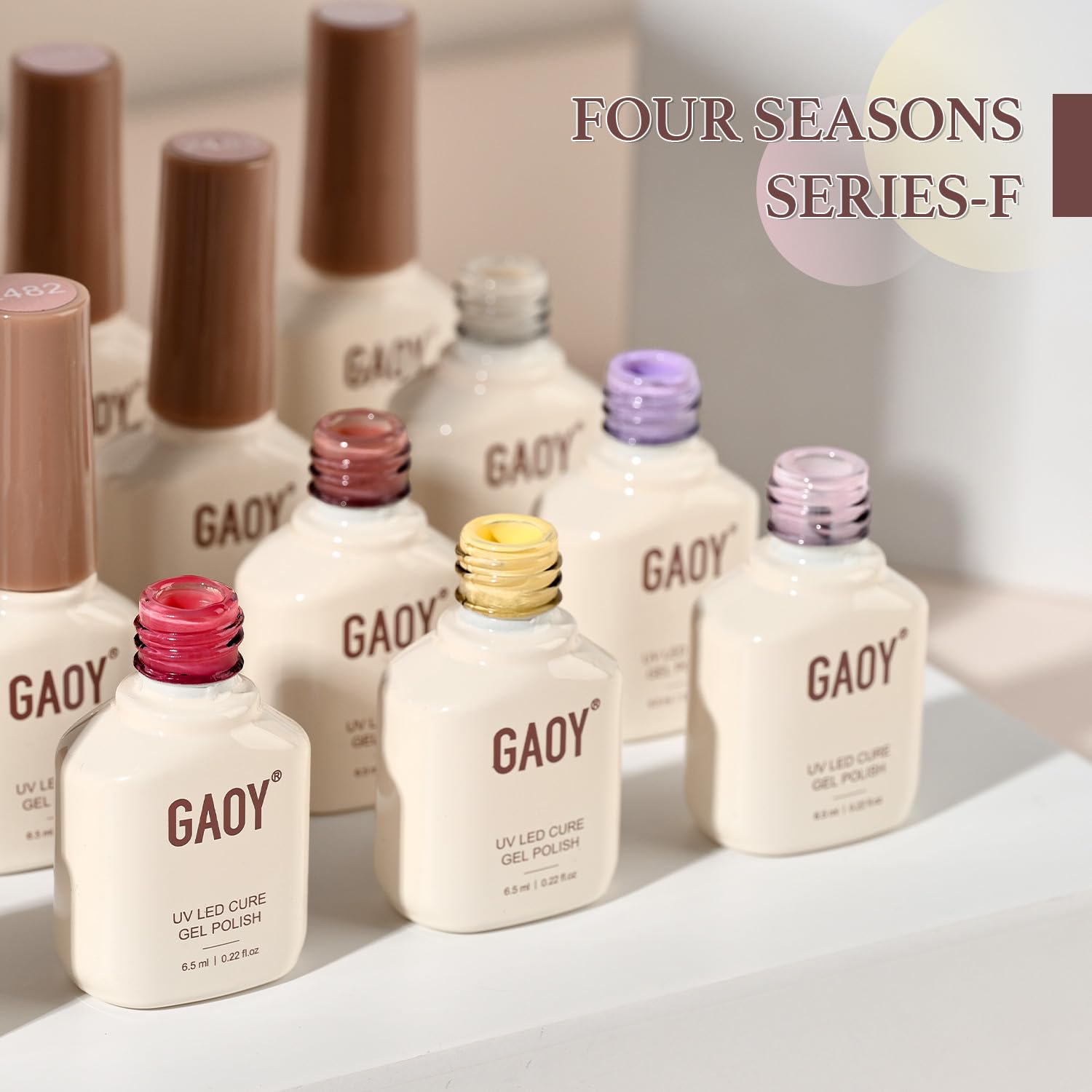 GAOY UV-curing instruction card beside bottles explains a quick 60 second dry time.