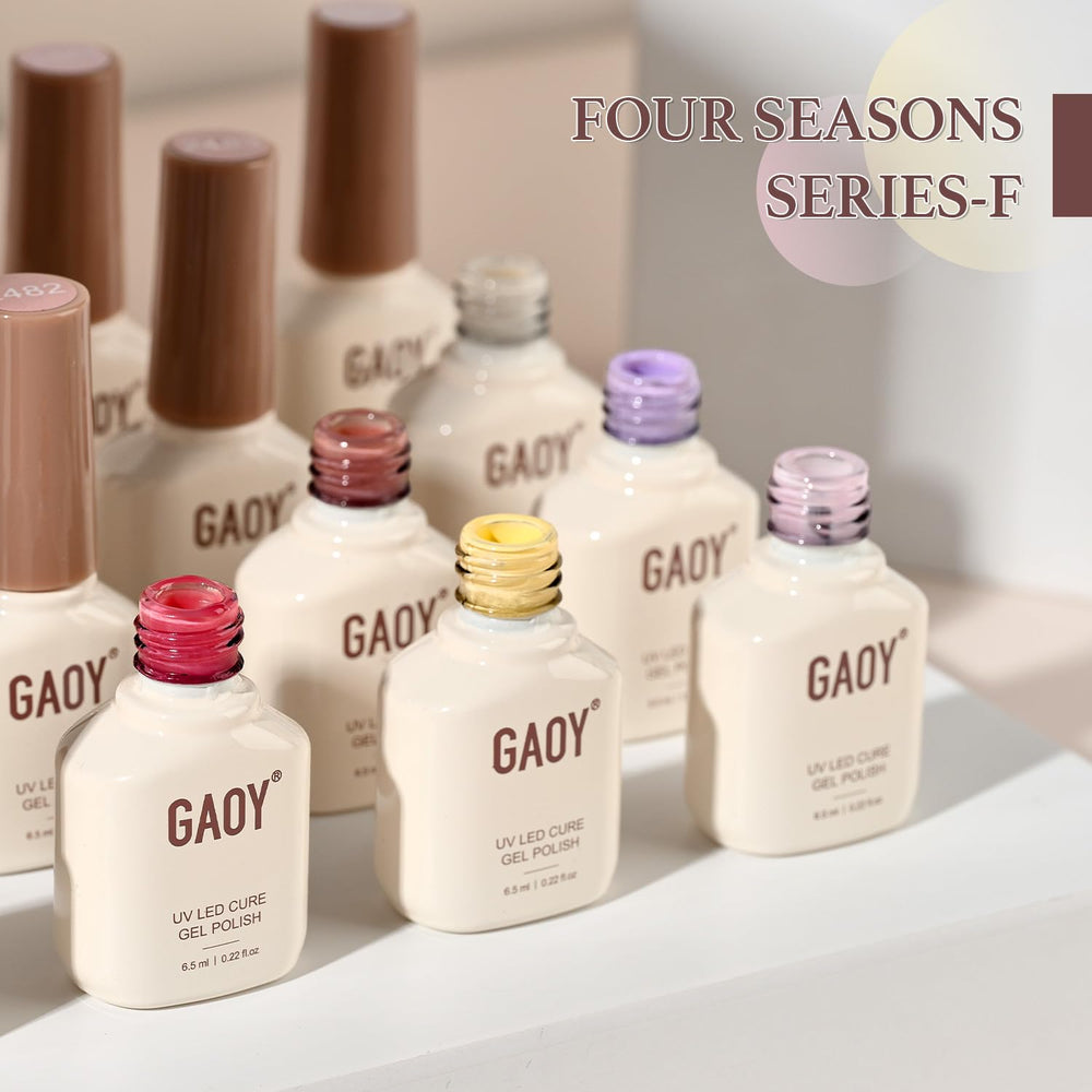 GAOY UV-curing instruction card beside bottles explains a quick 60 second dry time.