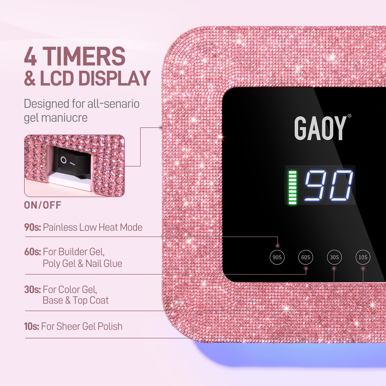 GAOY UV LED lamp with 39 LEDs enables rapid gel curing across nails.