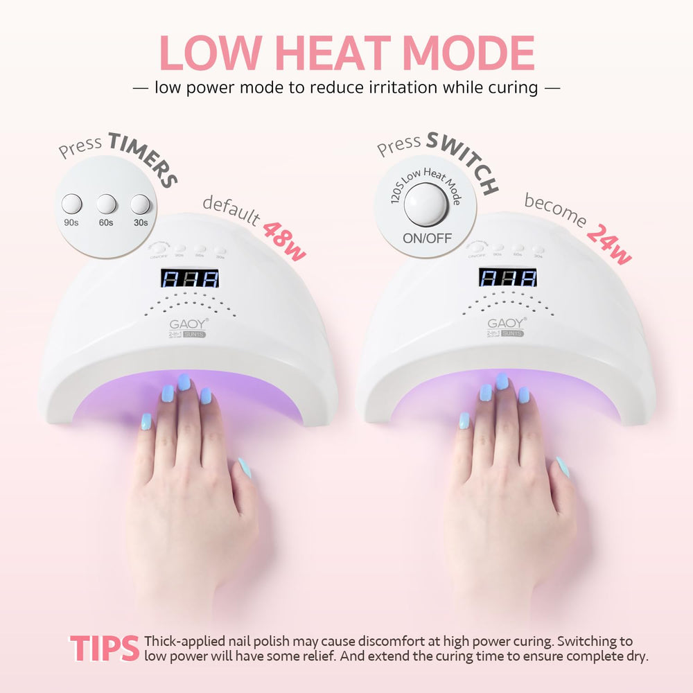 GAOY UV LED Nail Lamp sensitive mode reduces irritation during curing.