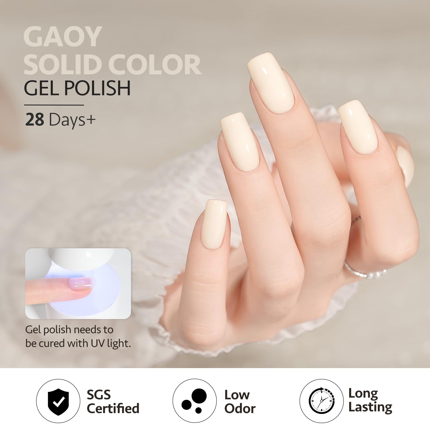 GAOY White Gel Nail Polish glossy-finish highlights durable shine after top coat.