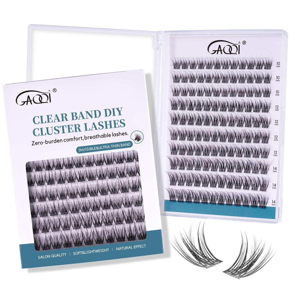 GAQQI lash clusters with a clear band deliver a seamless, wispy finish for natural daily wear.
