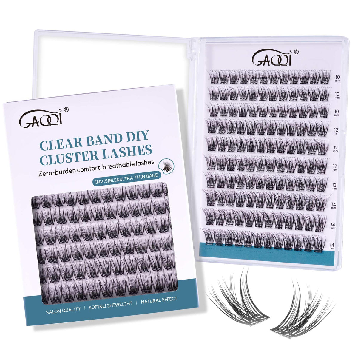 GAQQI lash clusters with a clear band deliver a seamless, wispy finish for natural daily wear.