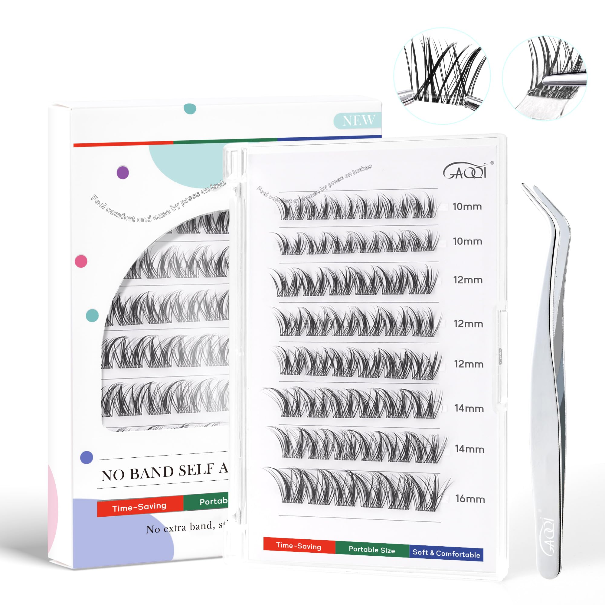 GAQQI self-adhesive lash clusters close-up for effortless one-step application