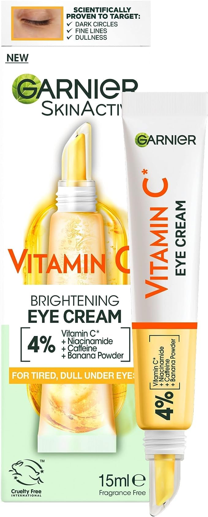 Garnier eye-cream 4-percent vitamin C bottle highlights brightening formula for tired-looking under-eyes