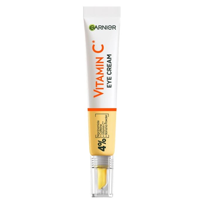 Garnier eye-cream application shot demonstrates easy daily use for brightening routines