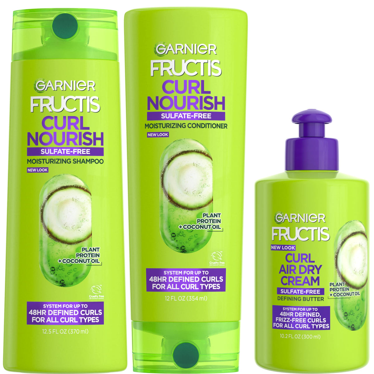 Garnier Fructis Curl Nourish shampoo bottle highlights sulfate-free definition for curls